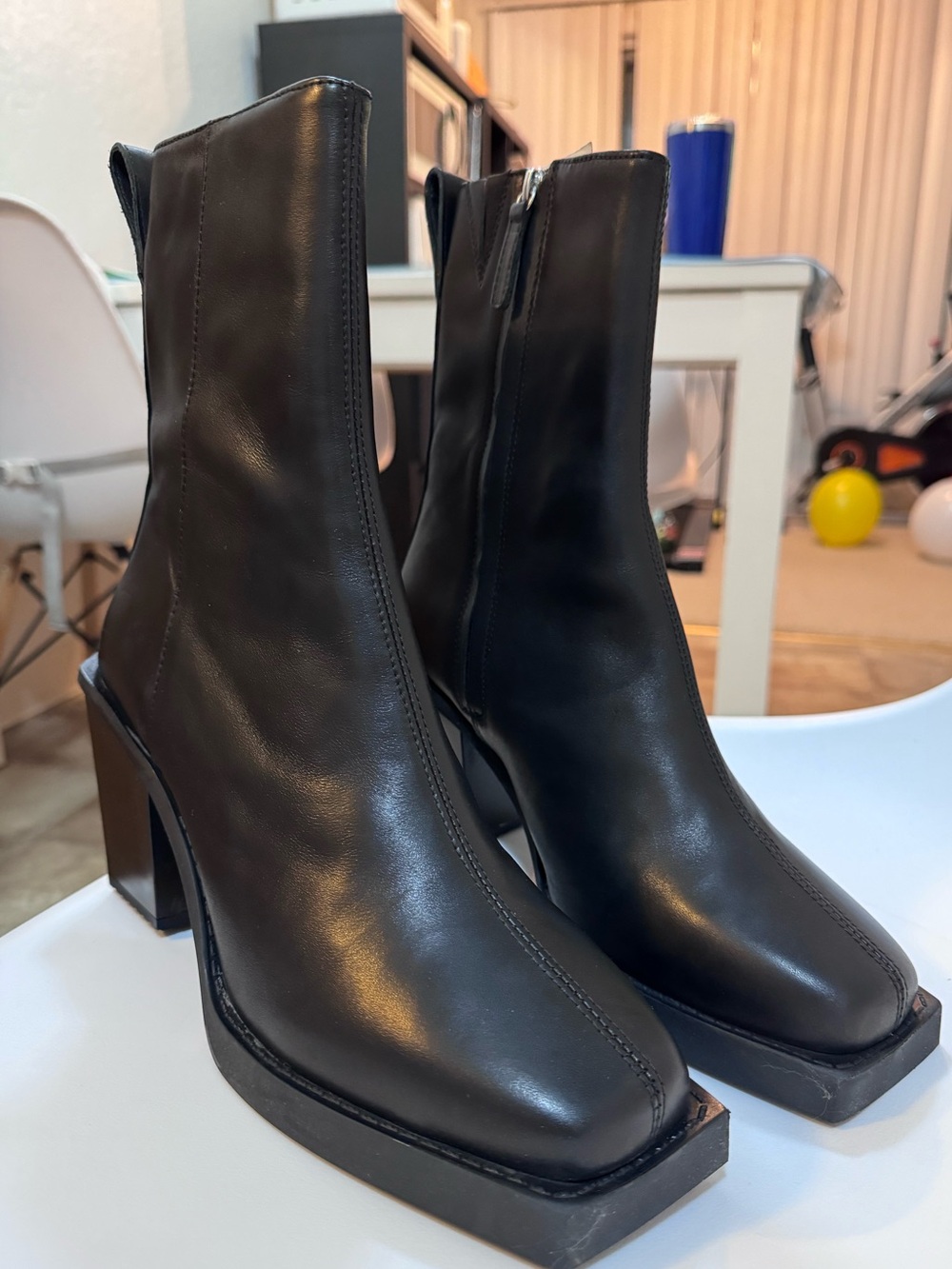 ASOS Black Square-Toe Leather Block Heel Boots NWB